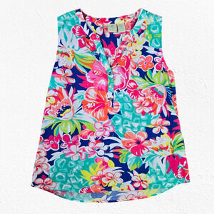 Caribbean Joe Multicolor Sleeveless Tropical Print V Neck Blouse Size Medium